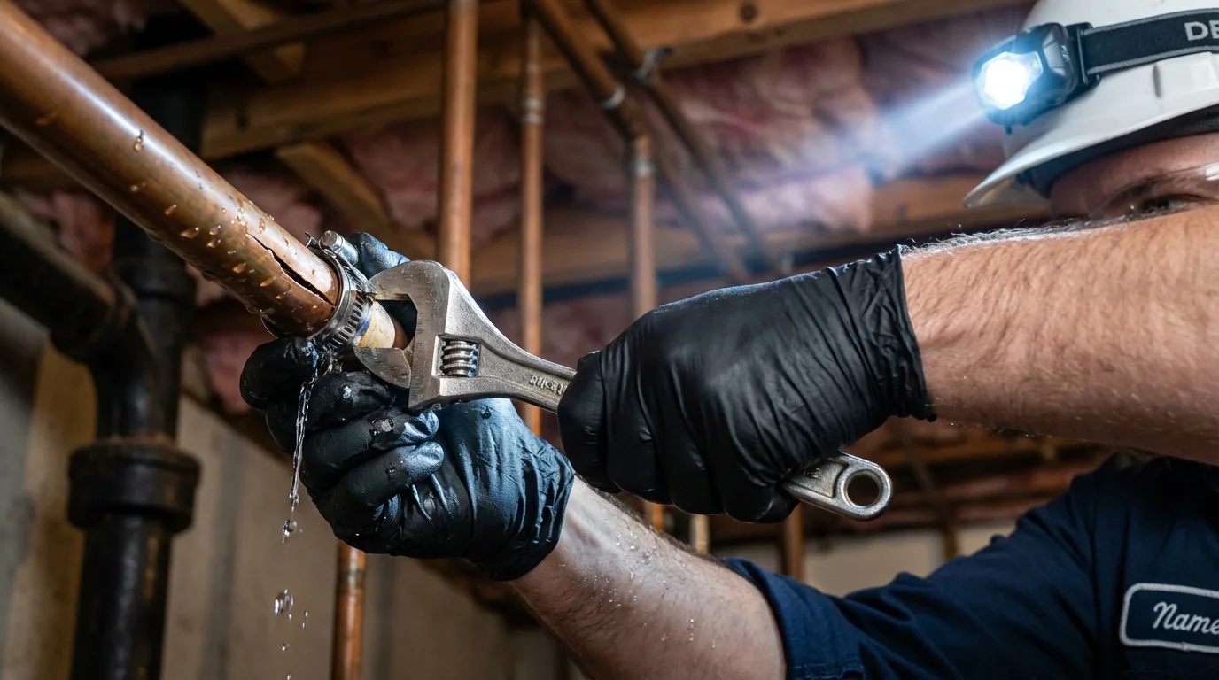Emergency pipe clamp repair being performed by a Johns Plumbing LLC plumber in Kittitas